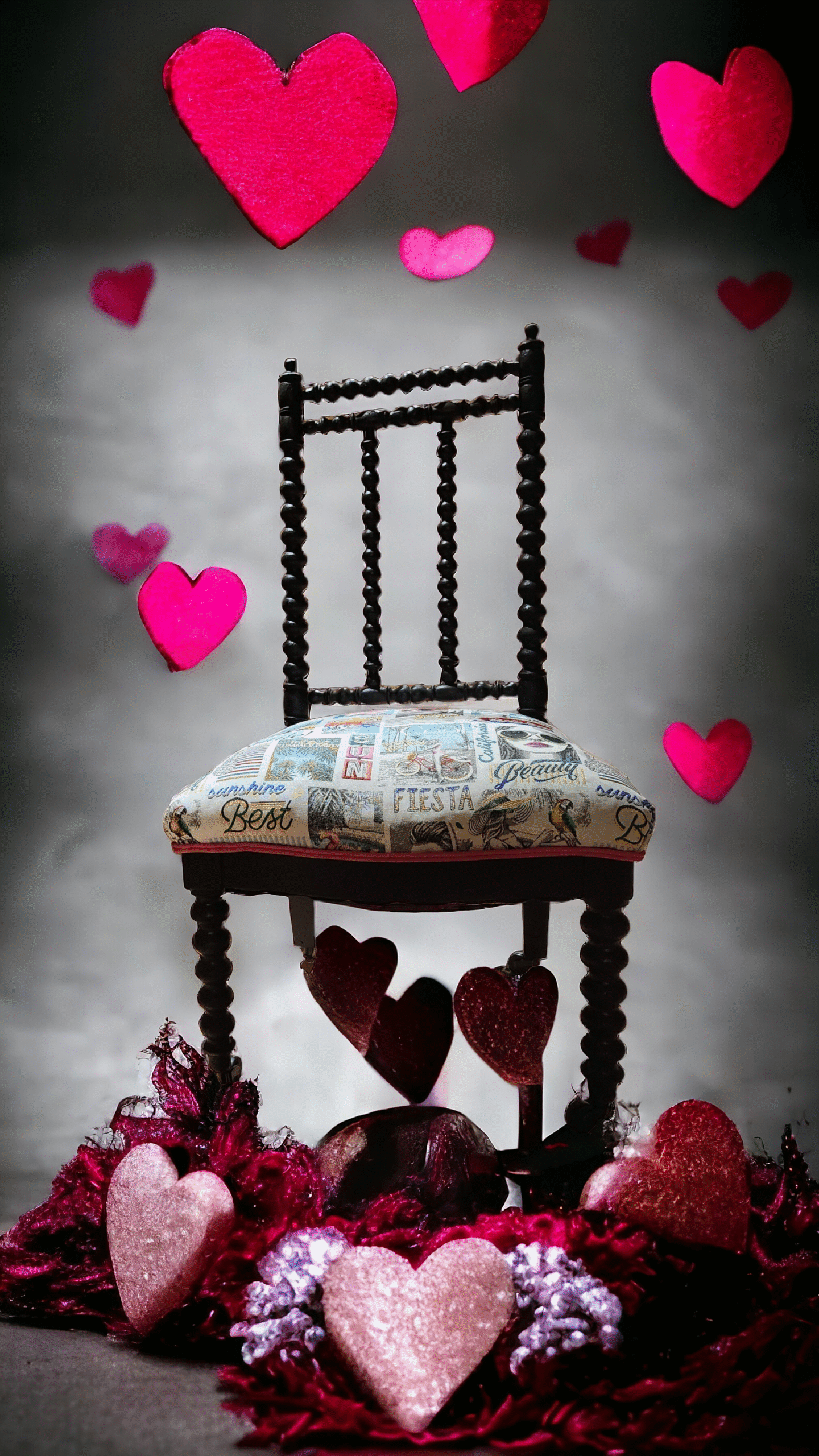 chaise de cheminée ou dite aussi de nourrice en version pop art - tissu pop art et bois noir