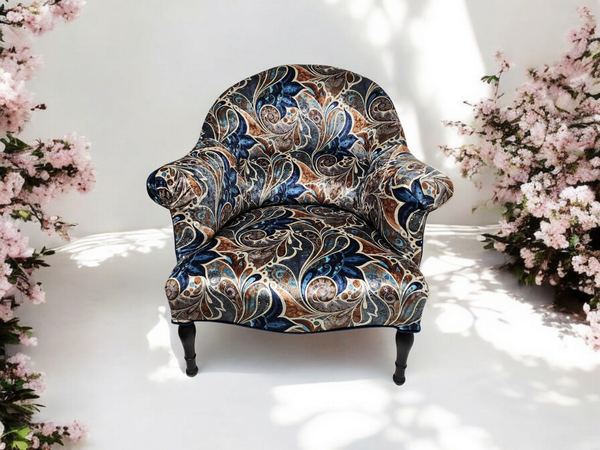 fauteuil crapaud avec un velours à motif dans les ton bleu - velours italien