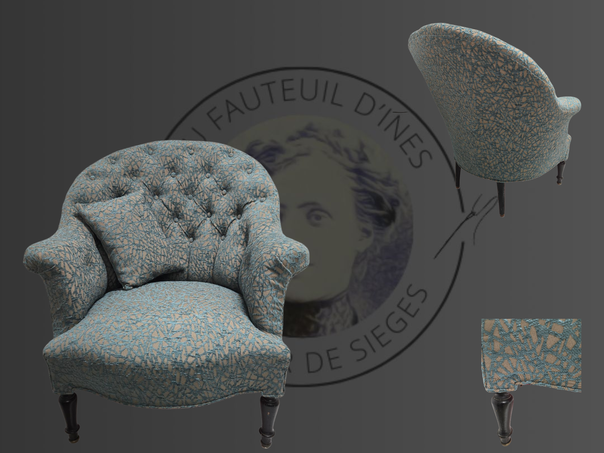 Crapaud Capitonné - tissu géométrique fond gris et bleu en velours relief - vue de face