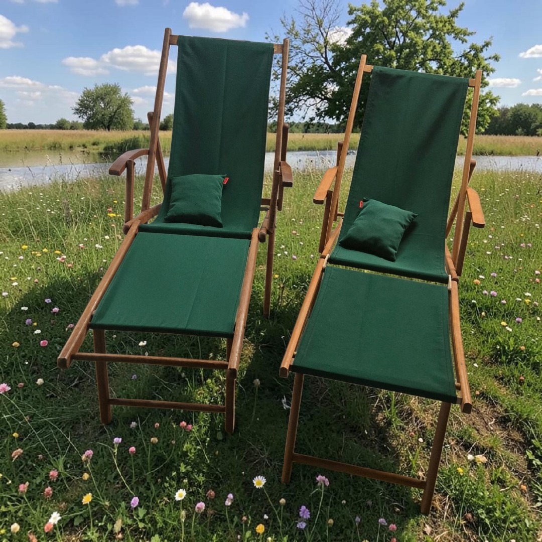 2 chiliennes anciennes en teck avec repose pied, et un tissu outdoor vert bouteille dans un décor de prairie et cours d'eau en arrière plan